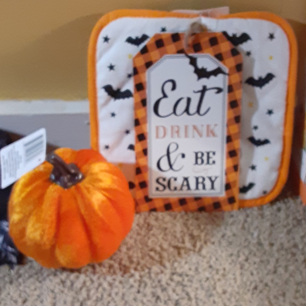 Lot of one velvet pumpkin and halloween sign